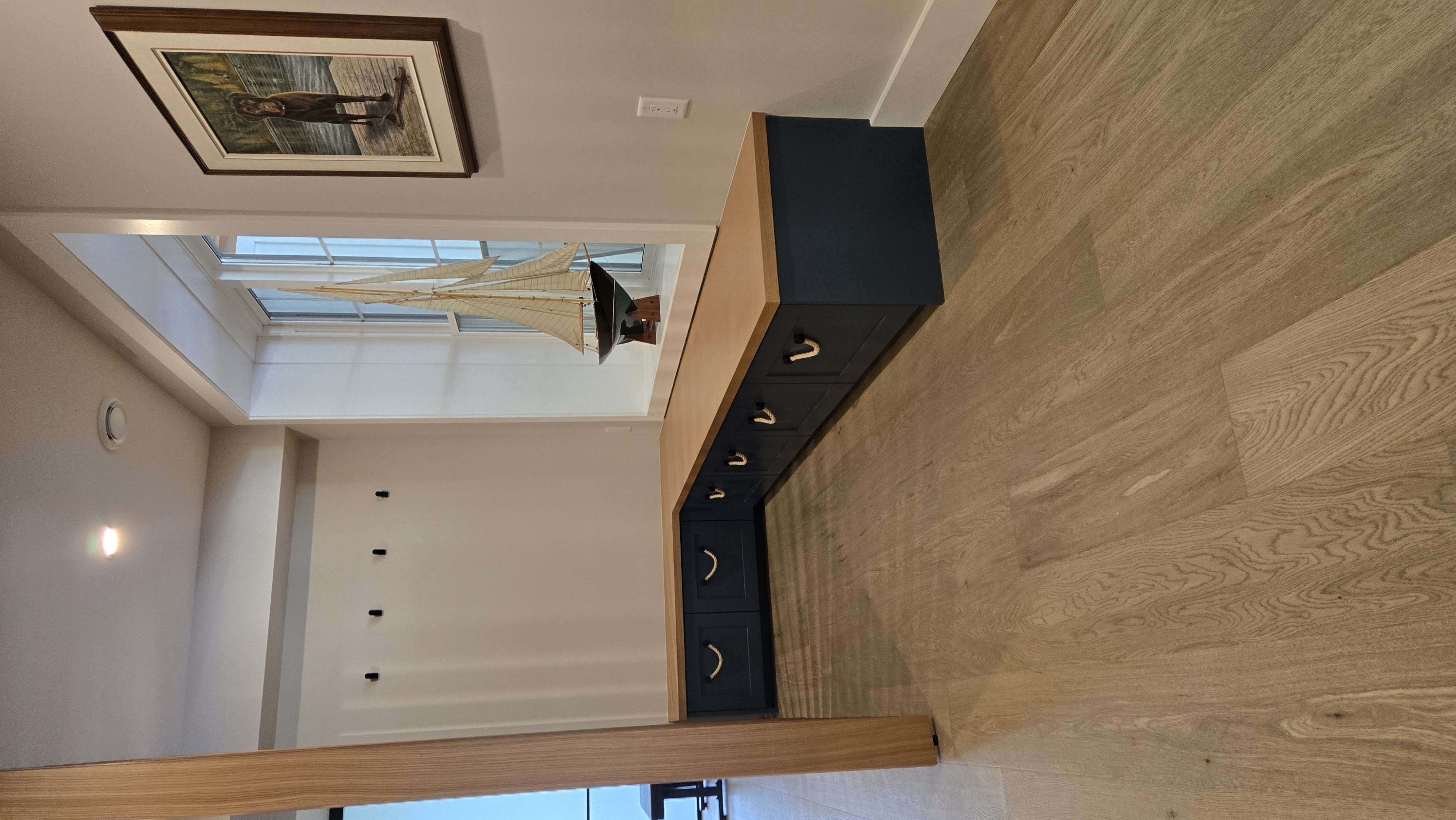Entry way cabinets with drawers and white oak top